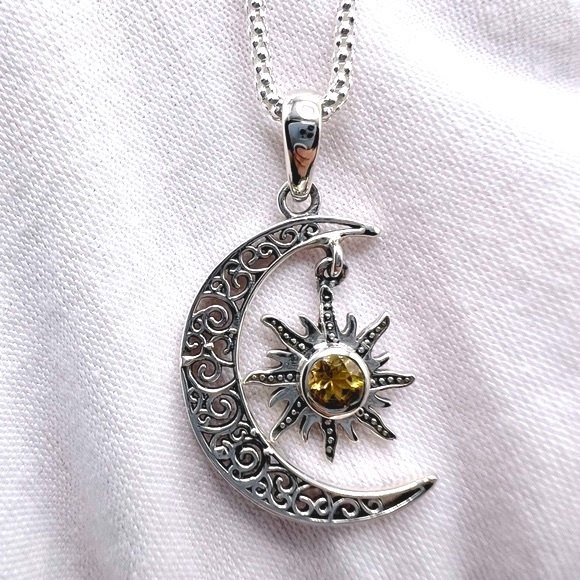 Genuine Citrine .925 Sterling Silver Moon Necklace - Picture 4 of 17